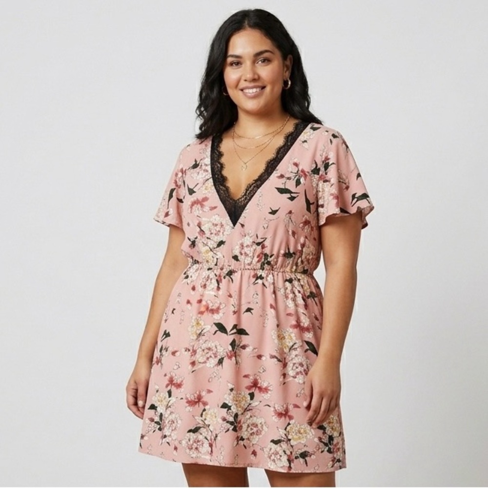 Boho Floral Lace Mini Dress Pink Flutter Sleeve V-Neck Cottagecore Romantic XL
